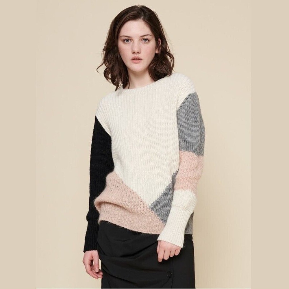 Acoté Ecru Multicolor Colorblock Alpaca Crewneck Pullover Sweater Sz 1 NWT $198